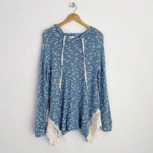 ODDY Blue/White Crochet Sides Open Knit Hooded Tunic Sweater S (4/6)
